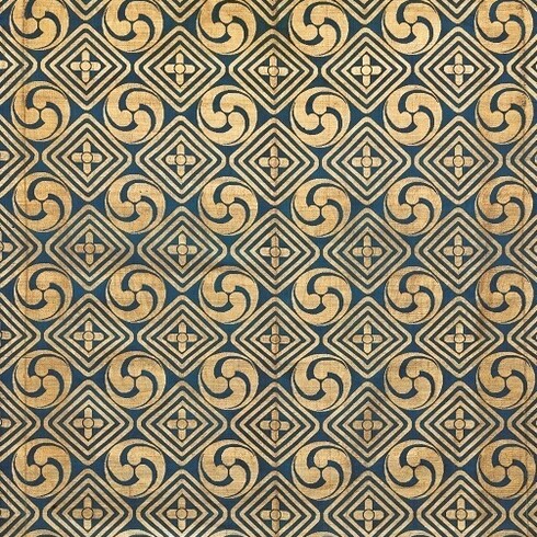 Kinran. Alternating rows of tomoe crests and triple lozenges in gold on a blue ground. Silk, lampas, satin ground; flat gold thread. End of Edo period, 1801-1868. CB-TJ-1927-13 © Copyright Baur Foundation, Geneva (Switzerland)
