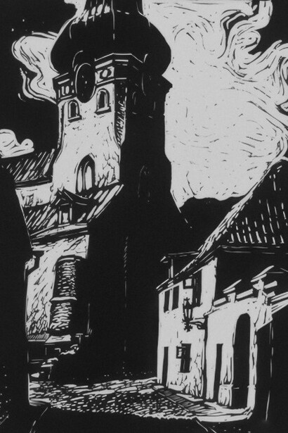 A black and white drawing of a church tower titled "Toomkirik" was created by Avo Keerend in 1957. It is held by the Tartu Art Museum in Estonia and aggregated by E-Varamu
