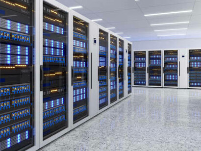 A shot of a modern data center featuring multiple rows of fully operational server racks, with advanced telecommunications, efficient cooling systems, and 3D rendering of the server room