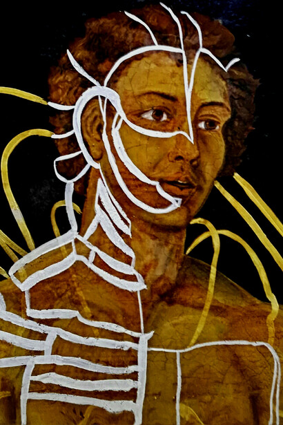 "Jason". Olio, pigmenti e su tavola, cm. 50 x 58, 1970