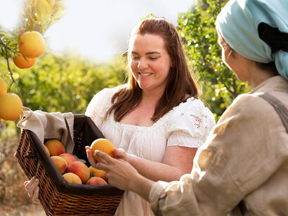 Women gather fresh fruits in a sunlit orchard, celebrating the joys of nature's bounty during harvest season
