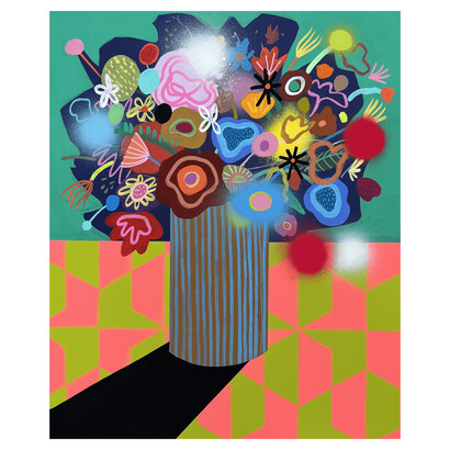 Mary Finlayson, Spring Equinox 3, flashe, gouache, spray paint, oil stick on canvas 24x20 inches, framed 25.25x21.25 inches. Courtesy the artist and JoAnne Artman Gallery