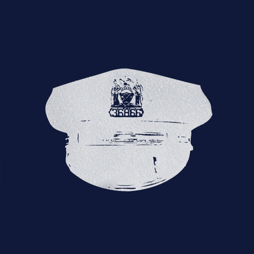 David Pierce, Militarization of Police #1 (detail), ink and glitter on paper, 2015 (police cap), 19 x 12.5 in. 