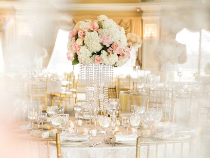 A charming wedding venue, featuring exquisite floral bouquets as decorations