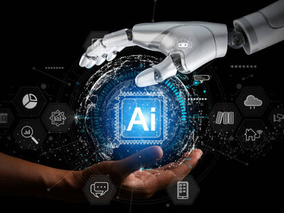 A young entrepreneur interacting with an AI chatbot designed to enhance business efficiency and support decision-making processes