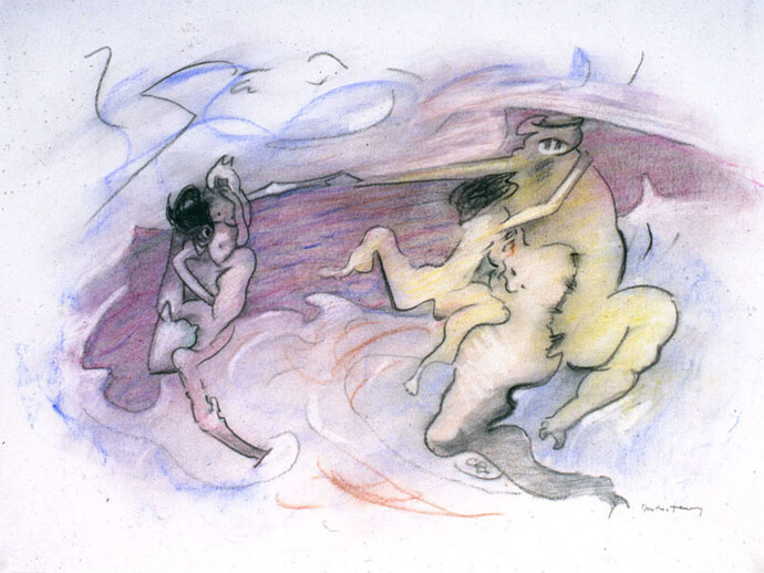 Dorothea Tanning, Combat, 1971-86, Charcoal and Pastel on paper, © The Estate of Dorothea Tanning; Courtesy The Dorothea Tanning Foundation and Alison Jacques Gallery, London; Photography Michael Brzezinski
