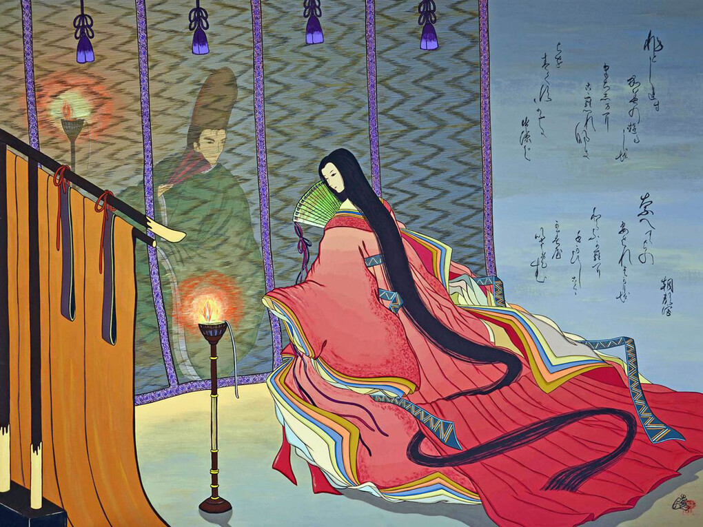 Agameishi, By the Purifying Wind, 600 Scenes of Genji, Scene 234, Acrylic & Gouache on Paper over Wood, 35.5" x 47"