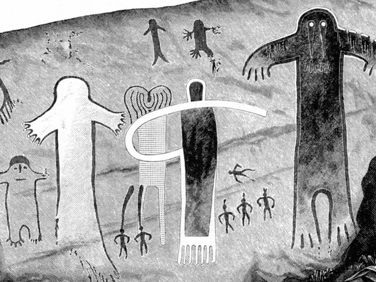Representación histórica de los pictogramas indígenas de Painted Rock (Condado de Tulare, California), registrada por Garrick Mallery en 1889. Estas figuras antropomorfas en las paredes de la reserva nativa son asociadas por la tradición Yokut con el mito de Mayak Datat (el "Hombre Peludo")