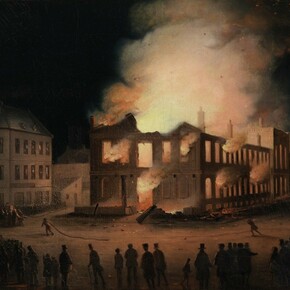 Formely attibuted to Joseph Légaré, The Burning of the Parliament Building in Montreal, 1849. M11588 © McCord Museum