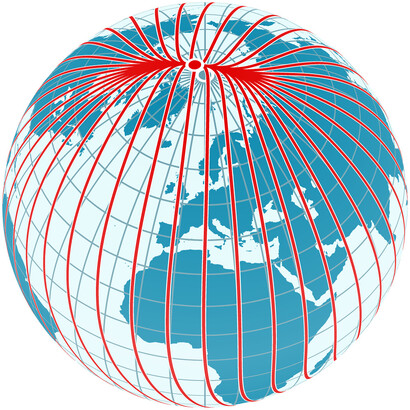 El ángulo entre los meridianos magnéticos (rojos) y los meridianos geográficos (azules, que van exactamente de norte a sur) es la declinación magnética. El diagrama demuestra las irregularidades del campo magnético de la Tierra y el hecho de que, en general, las brújulas no apuntan ni hacia el polo norte geográfico ni hacia el polo norte magnético