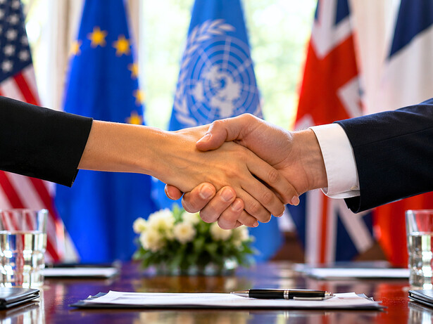 Hands meeting before international flags, reflecting the urgent need for cooperation among rival powers