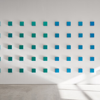 Kuwayama, Untitled, 2016. Titanium (blue) and titanium (blue-green), 60 elements, each 7 7-8 x 7 7-8 in., 20 x 20 cm. Courtesy of Marlborough Gallery, New York. Photo by Olympia Shannon