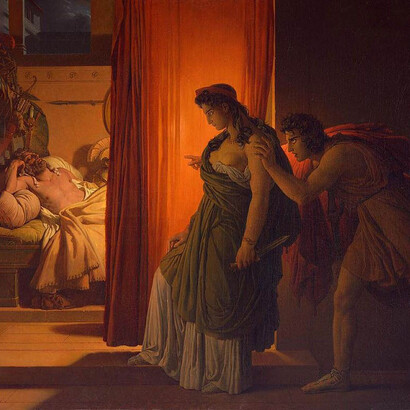 "Clitemnestra duda antes de matar al dormido Agamenón", Pierre-Narcisse Guérin, 1817, Museo del Louvre