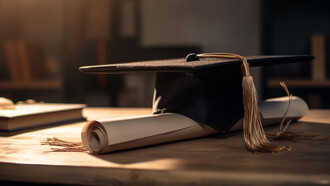 An image of a stack of diplomas resting on a vintage bookshelf background, symbolizing the achievements of university education and graduation