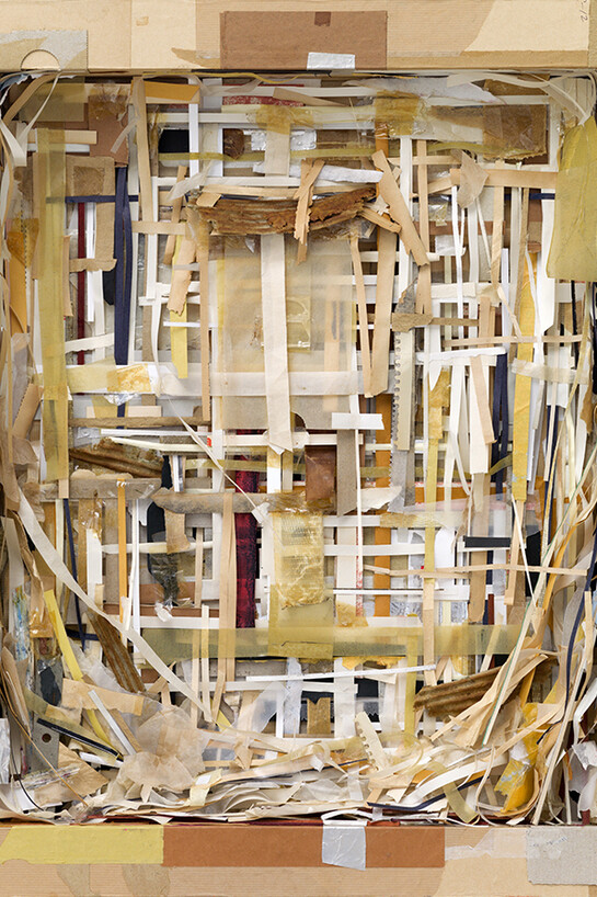Shinro Ohtake, Layers of Time Memory 2, 2013, Acrylic, ink, masking tape, wrapping tape, aluminium foil tape, printed matter, cheesecloth, glass, balsa wood, rusty iron, staples, stamp, Japanese paper, rice paper, wrapping paper, brown paper and cardboard, 68.2 x 57.3 x 8.8 cm, Courtesy of the artist and Take Ninagawa, Tokyo
