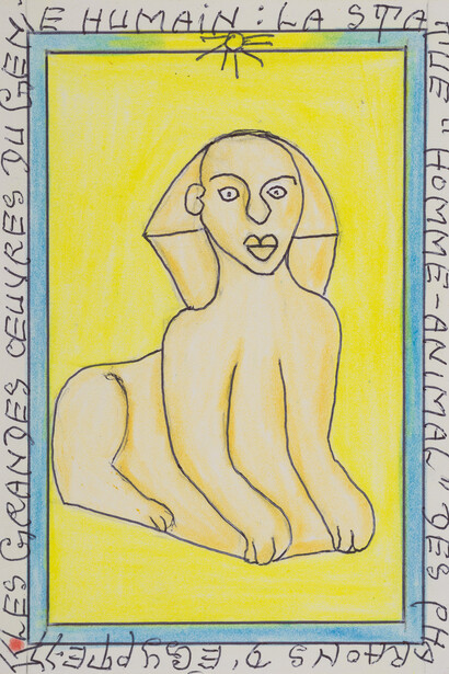 Frédéric Bruly Bouabrè, La statue “homme-animal” des pharaons
d'Egypte, dalla serie Le grandes ceuvres du genie humain, 2012, tecnica
mista su cartoncino, cm. 15x11.