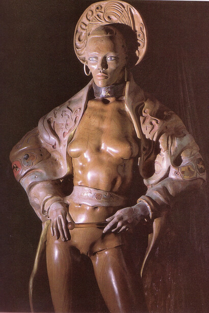 Ugo Attardi, La Donna Cantante 1984 - omaggio a Grace Jones, legno, h cm 270