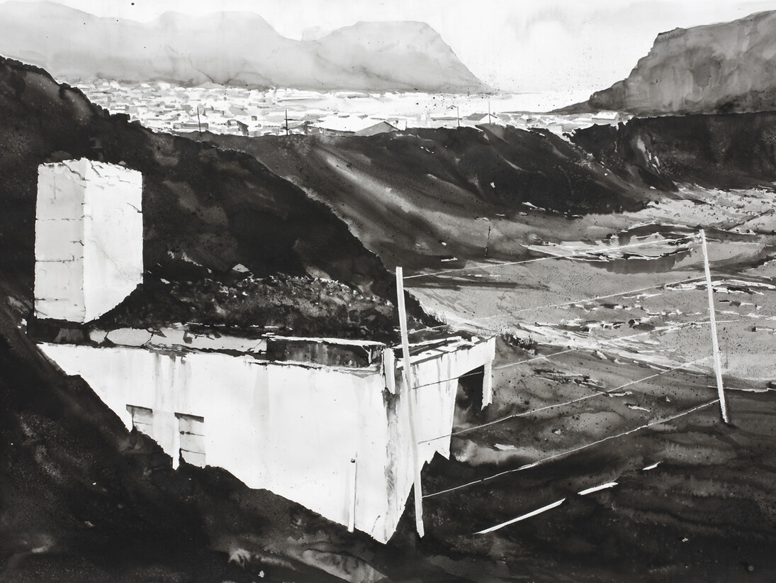Emma Stibbon, Falljokull glacier (Vatnajokull), 2013, Ink and mica on paper, 184 x 130 cm, © Courtesy of the artist and Alan Cristea Gallery