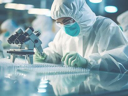 A woman in the laboratory diligently engaged in the research and production of vaccines, showcasing expertise and commitment to public health