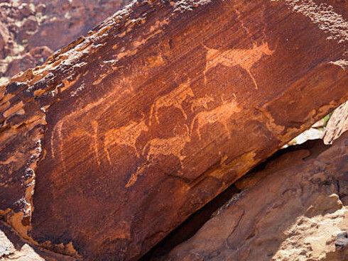 Ancient cave paintings and rock art in Namibia and South Africa, reflecting the deep artistic heritage of prehistoric civilizations