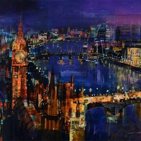 Mike Bernard RI, City Lights, London, mixed media on canvas, 30 x 48 ins (76 x 122 cms)