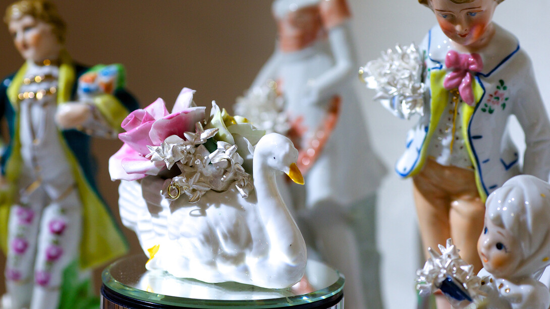 Installation view of figures with silver pendants by Maria Milisti, 'Second Hand, First Hand' at Marsden Woo Gallery (2015) image © Philip Sayer, courtesy of Marsden Woo Gallery