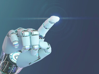 Enhance your content with a dynamic 3D background featuring a cyborg hand, symbolizing the cutting-edge technology of artificial intelligence and the collaborative synergy between humans and AI