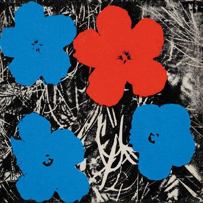 Sturtevant. Warhol Flowers. 1964–65. Synthetic polymer screenprint on canvas. 22 1/16 × 22 1/16″ (56 × 56 cm). Estate Sturtevant, Paris. Courtesy Galerie Thaddaeus Ropac, Paris–Salzburg. © Estate Sturtevant, Paris