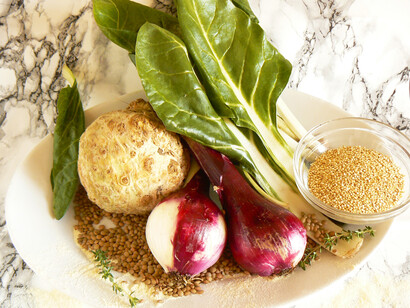 Bieta, sedano rapa, cipolle rosse  e quinoa