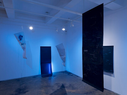 Keli Safia Maksud, old blues new bruises, 2023, exhibition view,  A.I.R. Gallery, Brooklyn, NY, photo by Sebastian Bach. Courtesy of the artist and A.I.R. Gallery
