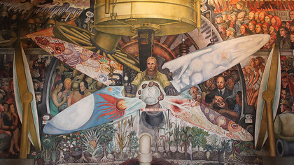 Diego Rivera's Man at the Crossroads (1933) depicted a worker directing the forces of industry between competing visions of society, contrasting capitalism and socialism through a monumental mural commissioned for Rockefeller Center in New York City