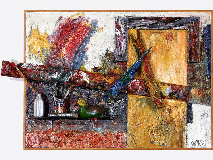 Ken Kaminski, Man's Religions, Oil and found objects on mahogany, 50" x 77", 1987-2011