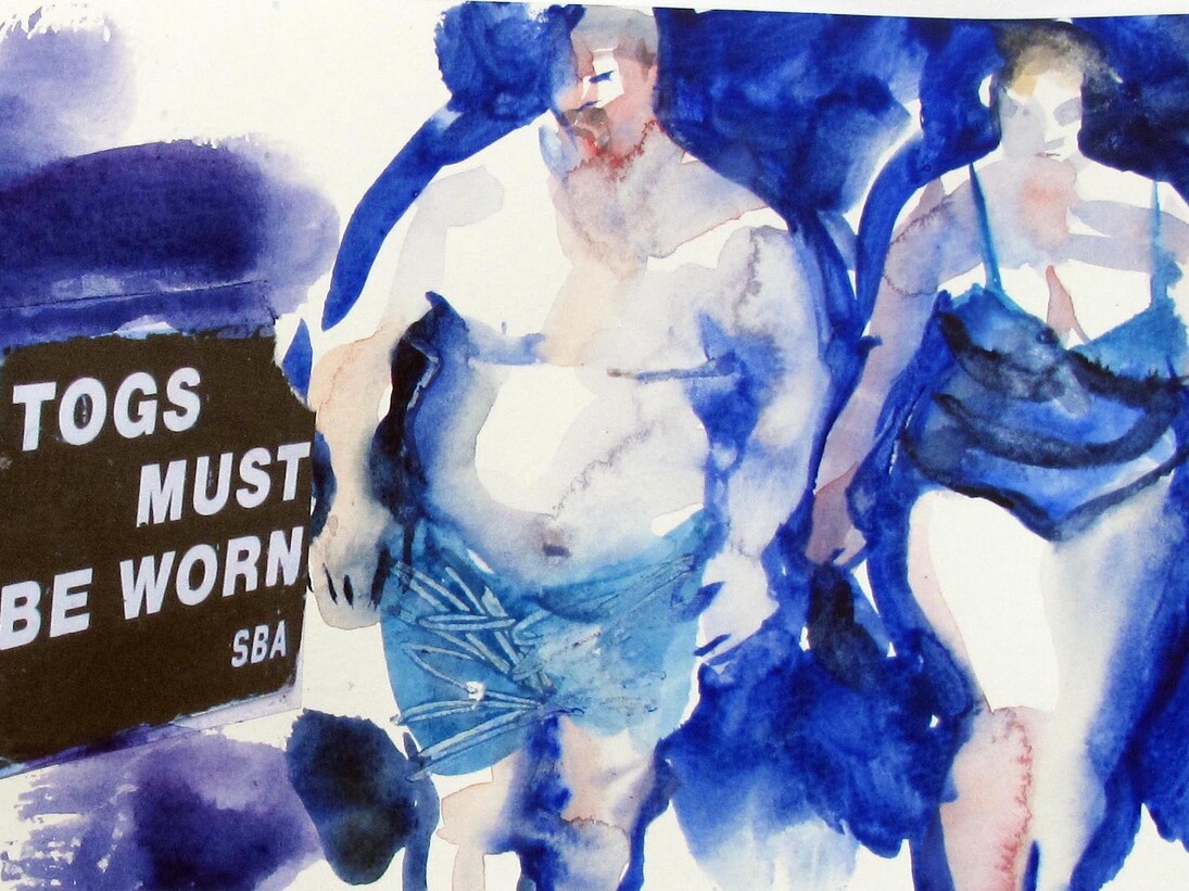 John Short, Sketchbook – Bathers, ‘Togs must be worn’, watercolour and collage, 13 x 41cm. Courtesy of Solomon Fine Art