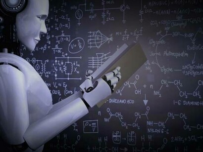 An AI robot reading a manual in front of a blackboard that it filled