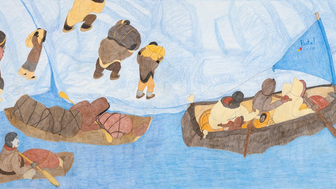 Shuvinai Ashoona, Moving with our campsites (traditional movers), 2023, colored pencil and ink on paper
50.25x96 inches. Courtesy the artist and Fort Gansevoort, NYC