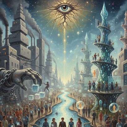 The painting contrasts the past of managed stability with the future of conscious evolution, showing how designing for becoming and amplifying autonomy is the true measure of the next civilization
