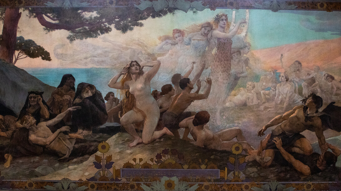 Georges Antoine Rochegrosse (1859–1938)
"El canto de las musas despierta el alma humana"
Fresco en la escalera principal de la Biblioteca de la Sorbona en 1898, París, Francia