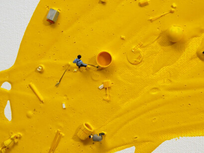 Liliana Porter, Situations with fallen Chairs III (detail 1), 2010, Acrylic and assemblage on canvas, 173 x 122 cm / 68 x 48'', courtesy of the artist and mor charpentier