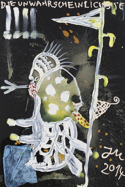 Jonathan Meese, "ICH ZICK, BESTEIG' "PIZZ-STINKI", OHNE'N SCHEISS… (ZACK-OH-BILLYTY)" 2014, oil, acrylic and mixed media on canvas, 210.4 x 140.3 x 3.3 cm, 82 7/8 x 55 1/4 x 1 1/4 ins, Copyright the artist; Courtesy the artist and Stuart Shave/Modern Art, London