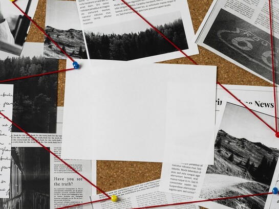 A corkboard displaying a chaotic arrangement of potential evidence – photographs, text fragments, and connections made with red string – visually encapsulates the intricate and often perplexing nature of true crime stories that captivate consumers