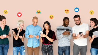 Individuals happily engage with digital devices, displaying smileys overhead, highlighting the intersection of technology, communication, and human connection amidst concerns of smartphone addiction and social media engagement