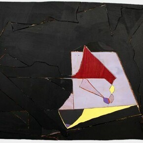 Lisi Raskin, Untitled (black monochrome), acrylic paint, oil paint, paper, archival glue, nails, and wood, 23 1/2 x 30 3/4 inches