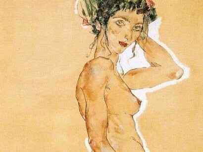 Egon Schiele’s kneeling nude, outlined in white, painted in 1911
