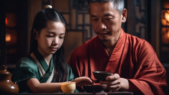 A Chinese man and his child are happily sitting together, preparing tea