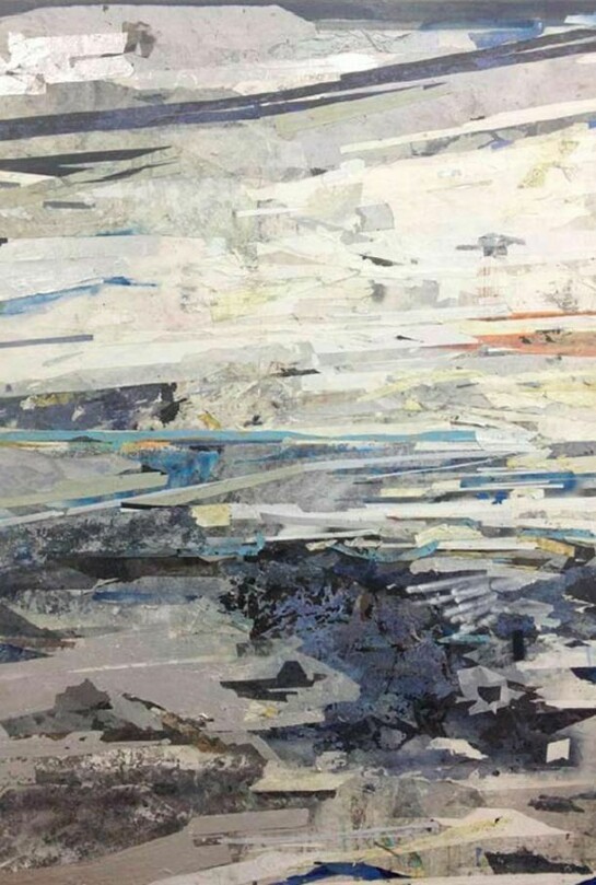 Redactor I, 2013, enamel, acrylic, crystalina, glass powder, pigment, cold wax, glass film, tape, and vinyl on wood panel, 80 x 60 inches