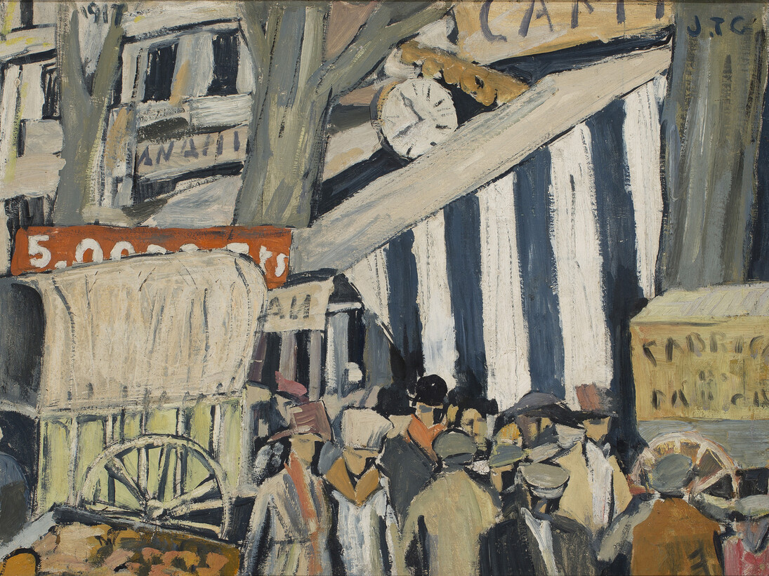 Joaquín Torres-García (Uruguayan. 1874–1949). Entoldado (La Feria) (Canopy [The fair]). 1917. Oil on canvas, 20 1/16 x 28 9/16″ (51 x 72.5 cm). Private collection. © Sucesión Joaquín Torres-García, Montevideo 2015 (detail)