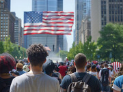 Citizens gather beneath an American waving flag, an emblem of unity and freedom