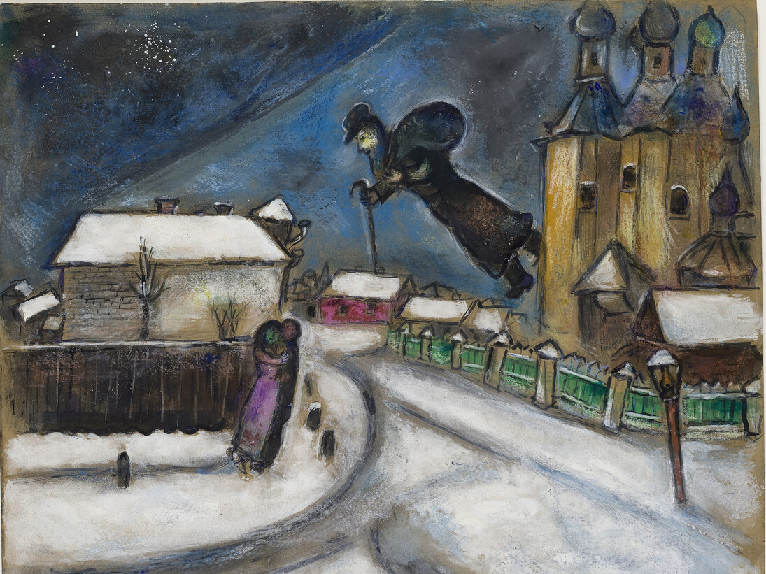 Marc Chagall, Sopra Vicebsk, Gouache, grafite, e matita colorata su cartone, 51,5 x 64,3 cm, Lascito Anna Salzmann, Parigi, allo Stato di Israele, In prestito permanente dall'Amministratore generale dello Stato di Israele, © Chagall ® by SIAE 2015
