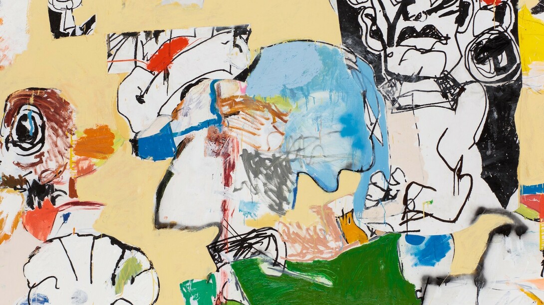 Eddie Martinez, When We Were In Good Hands, 2016-17, Oil paint, spray paint, enamel, collaged canvas and silkscreen ink on canvas, 182.9 x 274.3 cm. © Eddie Martinez Courtesy Timothy Taylor