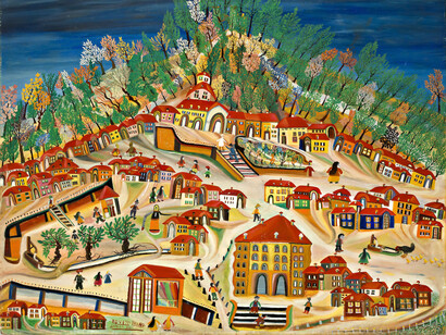 Bruno Rovesti, Castelnovo Monti, 1949, olio su faesite, cm 100 x 124. Courtesy of Museo Antonio Ligabue